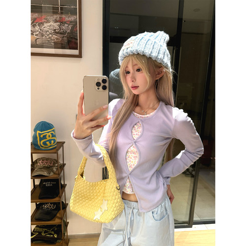 JMJ美式复古假两件设计感长袖T恤女秋季修身显瘦休闲百搭打底上衣