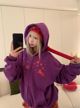 JMJ 美式设计感星星字母小马印花连帽开衫卫衣男女宽松休闲外套