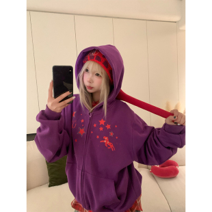 卫衣男女宽松休闲外套 设计感星星字母小马印花连帽开衫 JMJ 美式