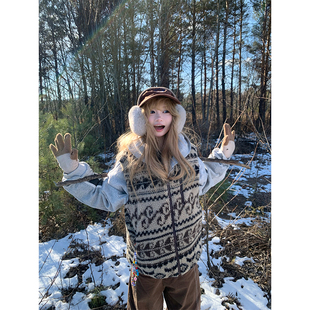 JMJ 复古羊羔毛费尔岛花纹棉马甲男女秋冬时髦叠穿保暖外套 美式