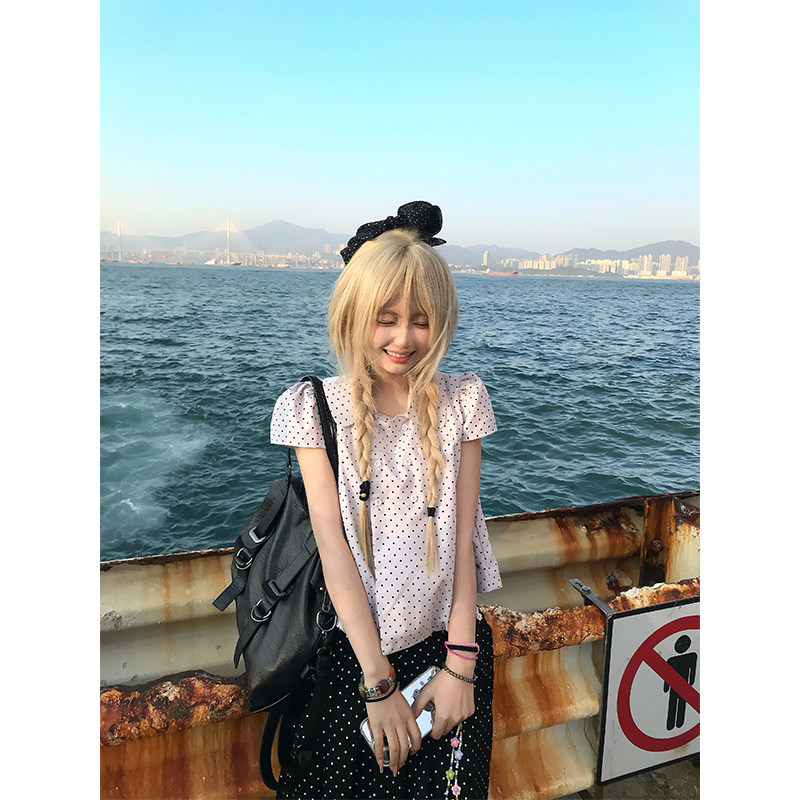 JMJ 美式设计感波点翻领泡泡袖衬衣女夏季减龄甜美百搭短袖衬衫