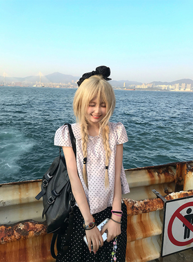 JMJ 美式设计感波点翻领泡泡袖衬衣女夏季减龄甜美百搭短袖衬衫