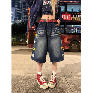 男女宽松休闲百搭直筒阔腿长裤 复古星星刺绣牛仔七分裤 美式 JMJ