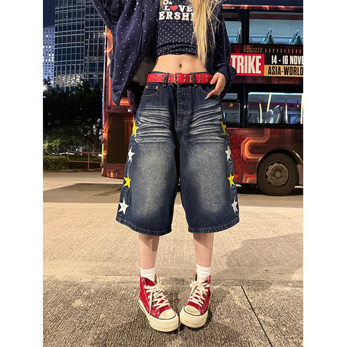 JMJ 美式复古星星刺绣牛仔七分裤男女宽松休闲百搭直筒阔腿长裤