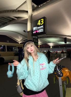 JMJ 美式波点星星字母印花连帽开衫卫衣男女春秋宽松休闲百搭外套