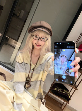 JMJ 美式慵懒风V领拼色条纹长袖针织衫男女春秋宽松休闲百搭毛衫
