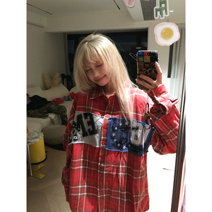 衬衫 复古拼色格子贴布绣长袖 男女宽松休闲百搭衬衣外套 美式 JMJ