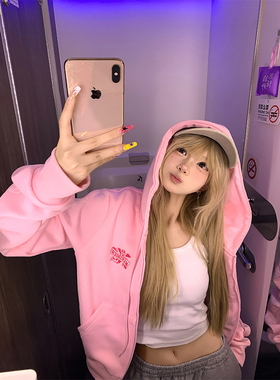 JMJ 美式小众哥特字母印花连帽开衫卫衣男女春秋休闲百搭帽衫外套