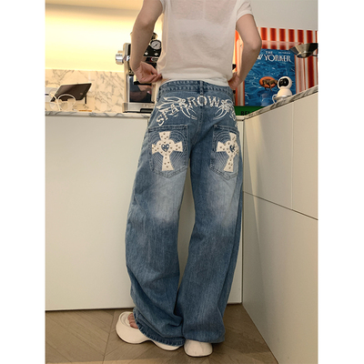JMJ 美式设计感水洗字母印花铆钉牛仔裤男女宽松高街休闲直筒长裤