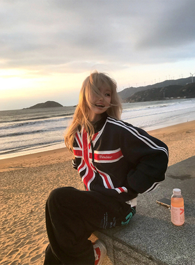 JMJ 美式复古设计感米字贴布撞色立领开衫卫衣男女宽松休闲外套