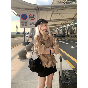 男女宽松休闲气质系带收腰设计感外套 立领双排扣风衣秋季 JMJ 美式