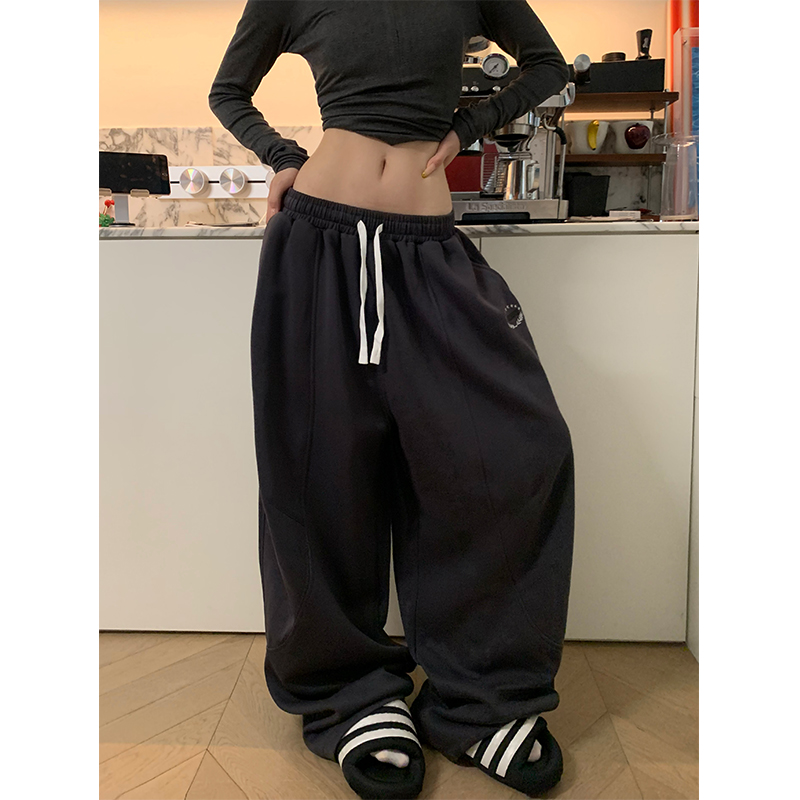 JMJ 美式复古简约基础款抽绳阔腿卫裤男女慵懒宽松百搭拖地休闲裤