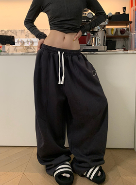 JMJ 美式复古简约基础款抽绳阔腿卫裤男女慵懒宽松百搭拖地休闲裤