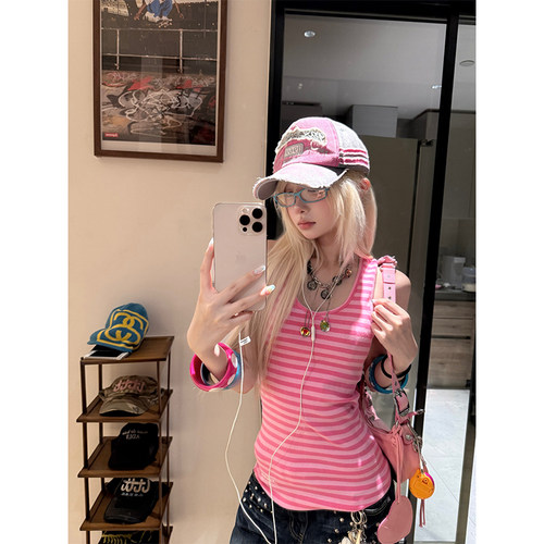 JMJ 美式拼色条纹U领背心女辣妹夏季修身显瘦百搭外穿无袖上衣