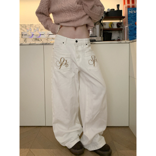 男女宽松休闲阔腿长裤 小众设计字母翅膀绣花直筒牛仔裤 潮 美式 JMJ