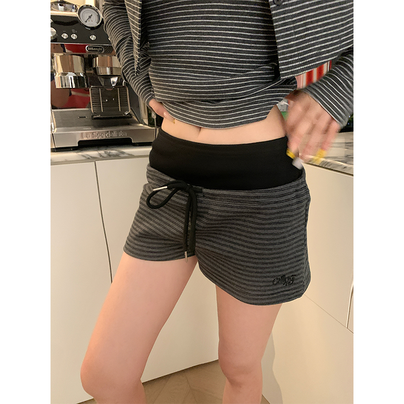 JMJ 美式复古简约拼色直筒抽绳三分短裤女辣妹运动休闲百搭热裤