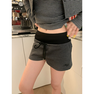 女辣妹运动休闲百搭热裤 复古简约拼色直筒抽绳三分短裤 美式 JMJ