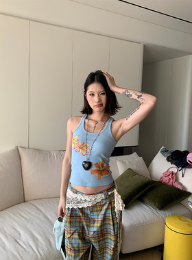 JMJ 2025夏季美式花卉印花工字背心女辣妹修身显瘦休闲百搭短上衣