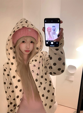 JMJ 美式复古字母印花波点连帽开衫卫衣男女宽松休闲百搭外套