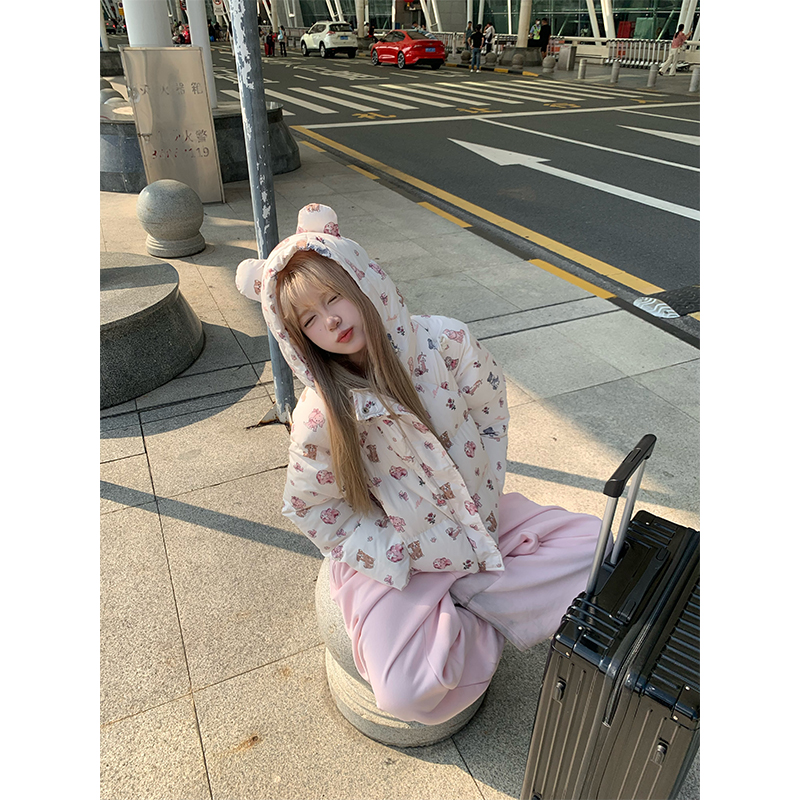JMJ 秋冬美式趣味小狗印花连帽棉服男女休闲百搭面包服保暖外套