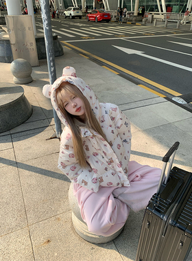 JMJ 秋冬美式趣味小狗印花连帽棉服男女休闲百搭面包服保暖外套