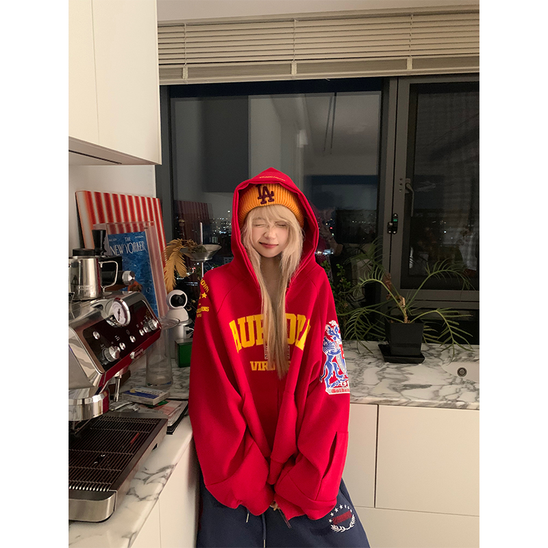 JMJ 美式复古字母印花插肩袖连帽开衫卫衣秋季男女宽松百搭外套