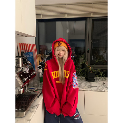 JMJ 美式复古字母印花插肩袖连帽开衫卫衣秋季男女宽松百搭外套