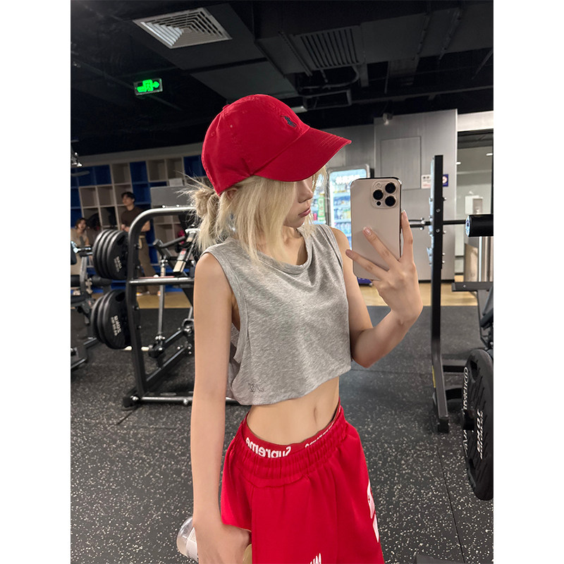 JMJ 夏季美式纯色无袖短款露脐背心T恤女辣妹显瘦百搭运动上衣