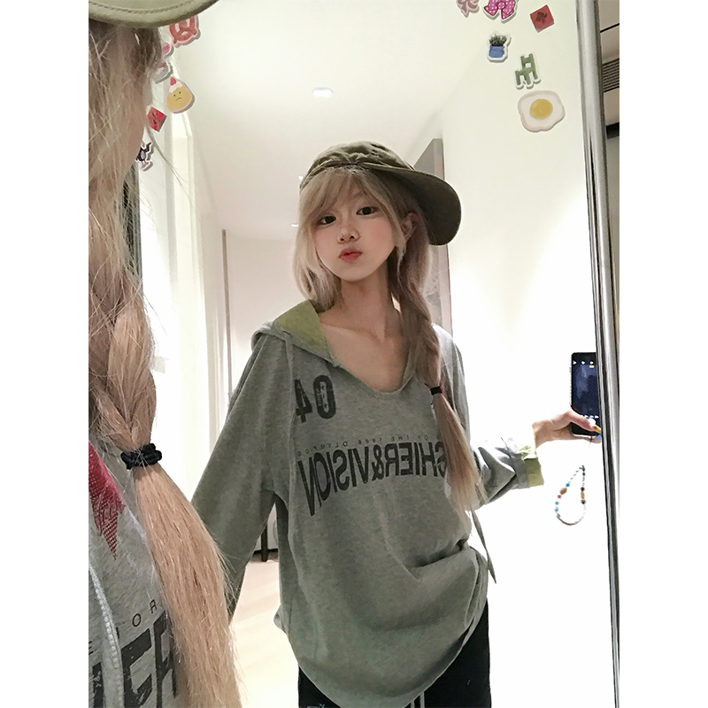 JMJ 美式复古字母印花连帽长袖T恤男女宽松休闲百搭防晒运动薄衫