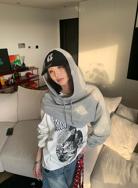 JMJ 美式复古设计感灰色斜腰短款卫衣女高街小众宽松叠穿帽衫外套