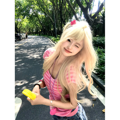 JMJ美式撞色条纹U领短袖T恤女辣妹夏季修身显瘦y2k复古百搭上衣