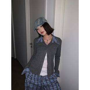 春季 女修身 美式 领格子拼接针织开衫 显瘦简约气质休闲上衣 袖 JMJ