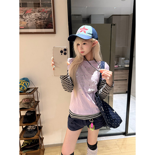 JMJ 美式假两件线条爱心印花圆领条纹长袖T恤女宽松休闲y2k上衣