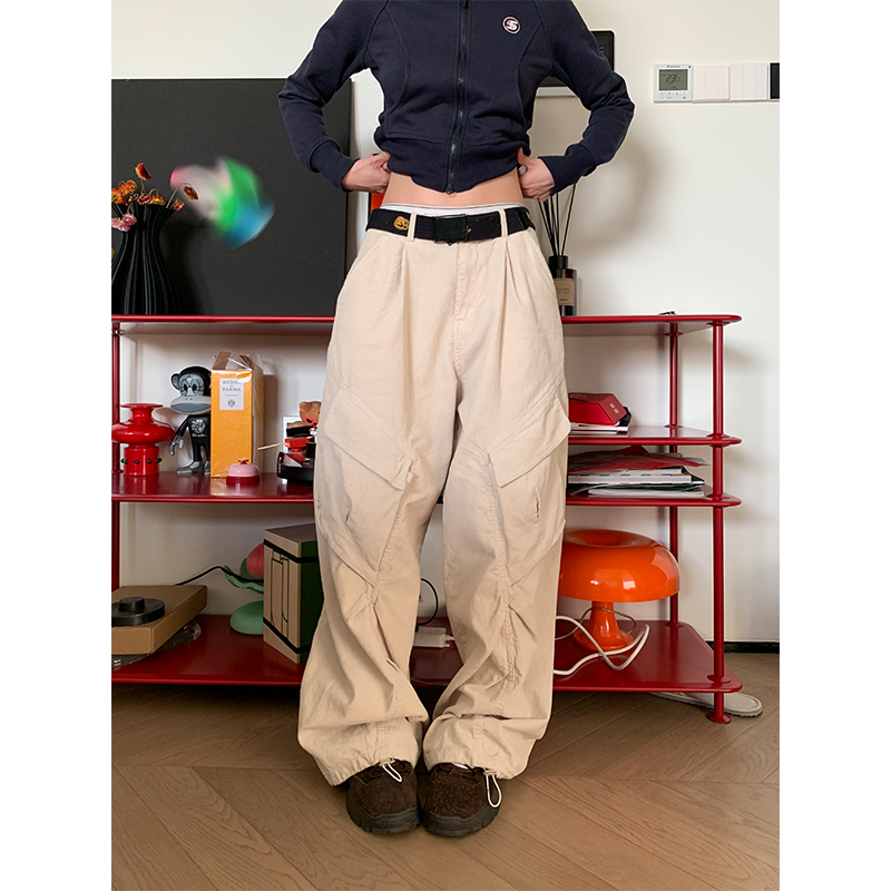 JMJ 美式复古灯芯绒伞兵褶皱工装裤男女宽松休闲大口袋直筒阔腿裤