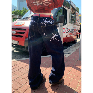 男女宽松百搭潮流百搭直筒长裤 复古设计感字母刺绣牛仔裤 美式 JMJ