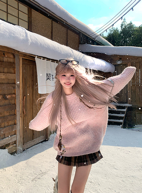 JMJ 美式慵懒风粉色圆领针织毛衣男女秋冬宽松休闲百搭毛衫上衣