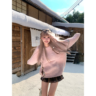 上衣 慵懒风粉色圆领针织毛衣男女秋冬宽松休闲百搭毛衫 JMJ 美式