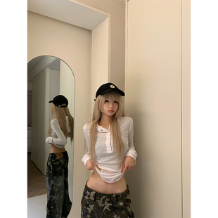 JMJ 美式设计感印花连帽长袖T恤女辣妹修身显瘦薄款防晒打底衫