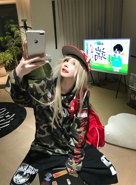 JMJ 美式复古字母印花迷彩长袖T恤男女宽松休闲百搭潮流打底衫