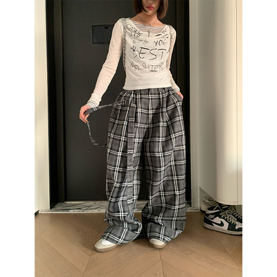 JMJ2025春季美式复古灰格纹飘带松紧腰阔腿裤男女慵懒感宽松长裤
