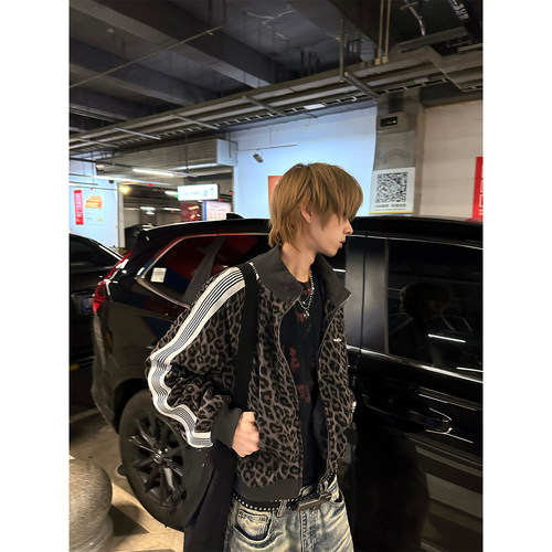 JMJ 美式豹纹侧边条纹开衫立领夹克男女秋季宽松休闲百搭外套