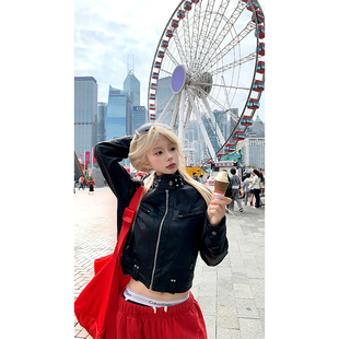 JMJ 美式解构立领正肩皮衣夹克男女春秋设计感痞帅机车短款外套