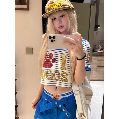 JMJ美式设计感狗爪亮片条纹短袖T恤女夏季宽松休闲百搭露肩短上衣