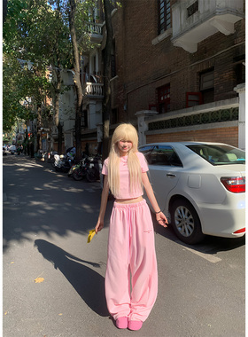 JMJ美式慵懒风字母抽绳卫裤男女宽松休闲垂感阔腿直筒百搭长裤