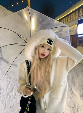 JMJ 美式设计感可拆卸毛领连帽针织毛衣男女秋冬休闲百搭毛衫外套