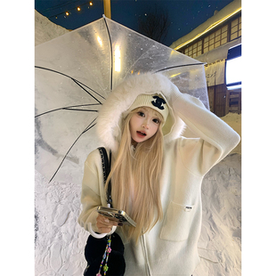 外套 设计感可拆卸毛领连帽针织毛衣男女秋冬休闲百搭毛衫 JMJ 美式