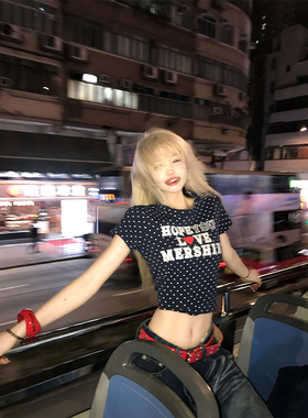 JMJ 美式复古波点字母印花短袖T恤女辣妹修身显瘦百搭休闲上衣
