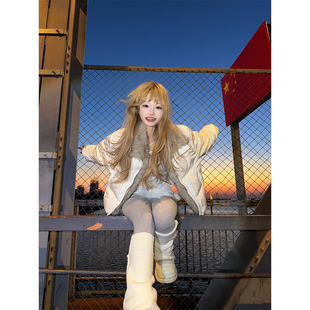 宽松休闲百搭防寒外套 复古毛茸翻领保暖羽绒服男女冬季 JMJ 美式