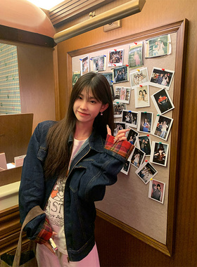 JMJ 2025美式复古格纹拼接牛仔外套男女宽松ins百搭潮流休闲夹克