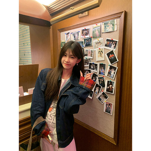 JMJ格纹拼接牛仔外套